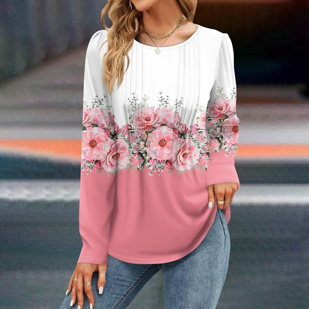 Women's Fall Fashion Casual Floral Top Long Sleeve Shirt Loose Pullover