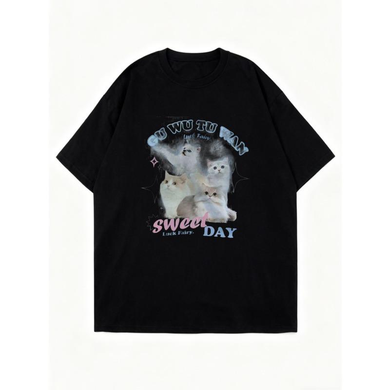 Oversized T Shirt Black Cute Cats And Stars Graphic Print Sweet Day Luck Fairy Text Design For Casual Wear Summer Outfits Streetwear Fashion