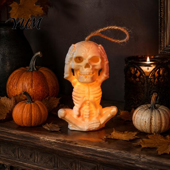 Halloween Skeleton Decoration with LED Light, Spooky Lighted Plastic Skull Haunted House Props Ornament Rope for Home Party Decor Creative Holiday