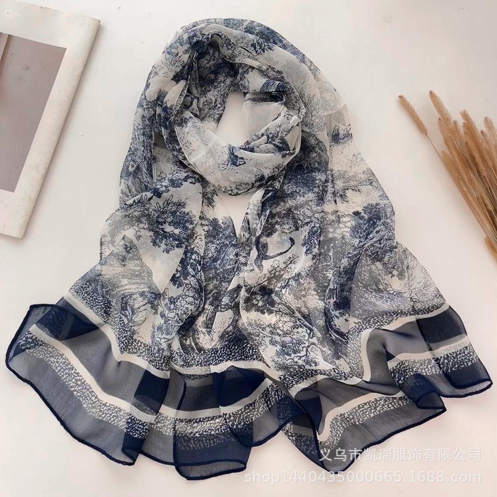 Новый длинный шелковый шарф с солнцезащитным кремом, тонкий искусственный шелк, весенне-летний женский шарф с принтом и украшением из жоржета