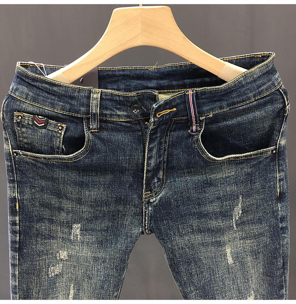 Мужские облегающие джинсы 2024 года с потертостями — модный корейский стиль, универсальная модель, длина 9 дюймов