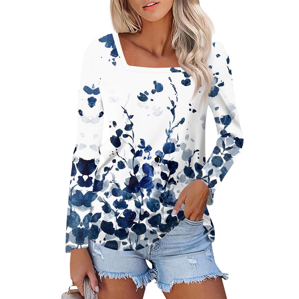 Рубашка для женщин, модная повседневная свободная футболка с квадратным вырезом и длинным рукавом с принтом, женский топ