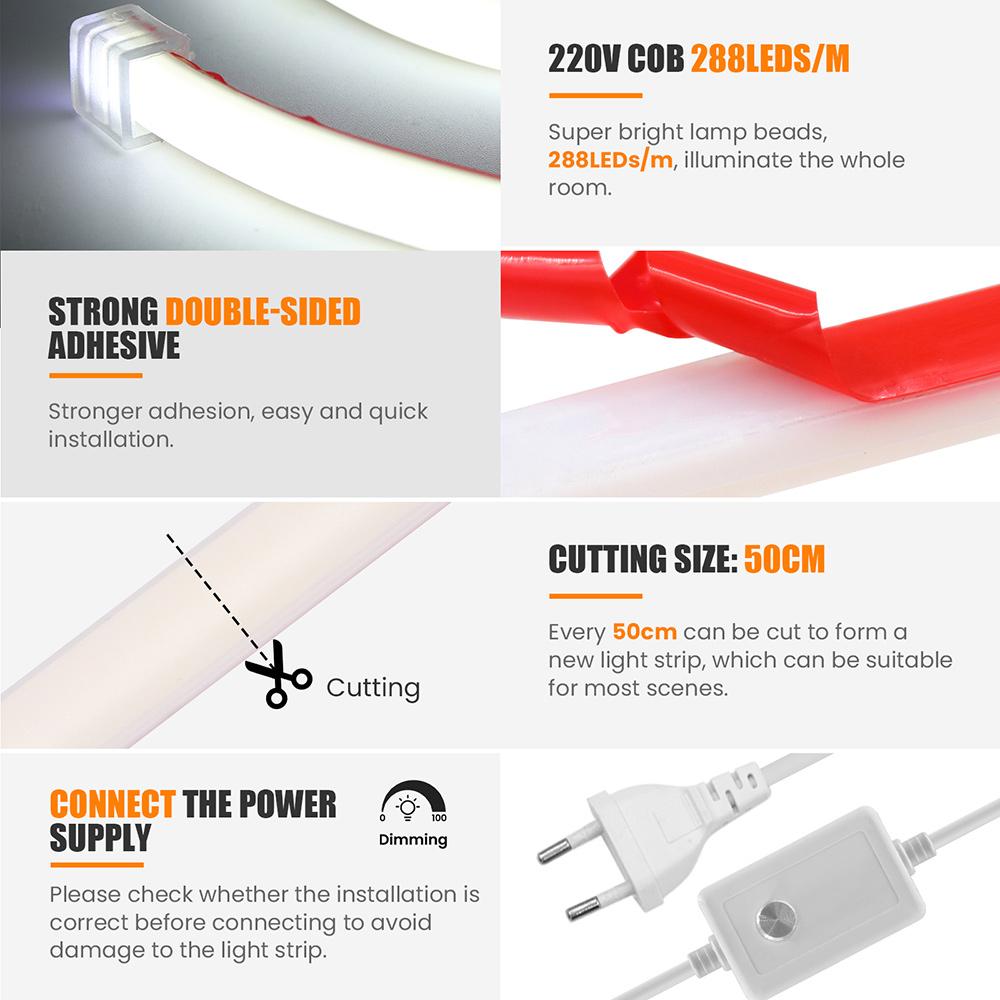 Светодиодная COB лента 220В Клейкая лента с диммером EU Power Kit Водонепроницаемая 288 светодиодов Линейное освещение Гибкая силиконовая трубка Лампа
