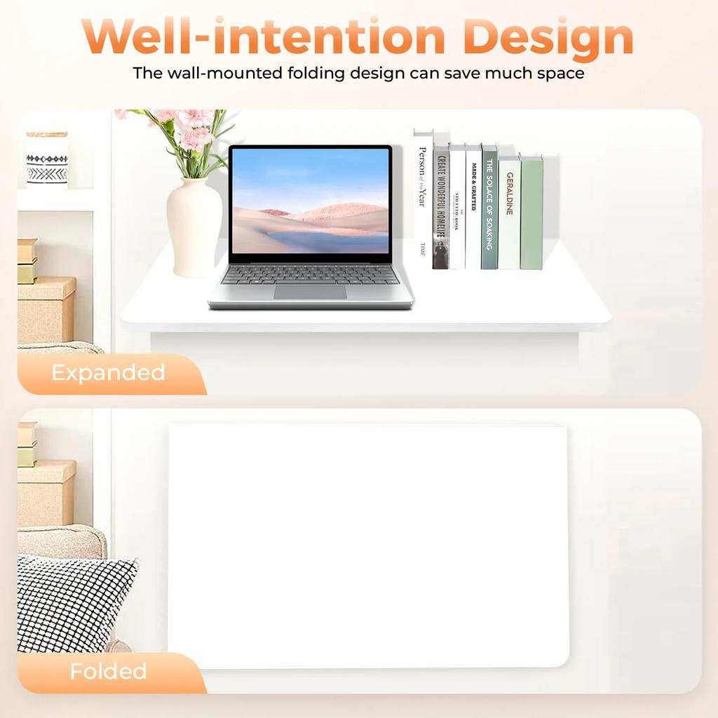 Белый настенный складной стол - Грузоподъемность 44,09 фунта, 60*40 см - Компактный органайзер для хранения для спальни, кухни