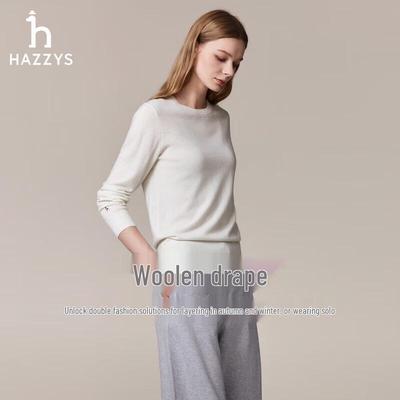 Женский осенний однотонный шерстяной свитер с круглым вырезом HAZZYS