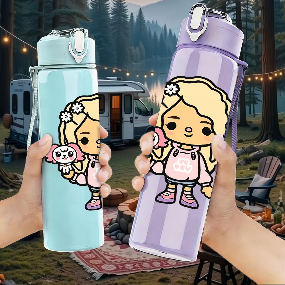 1PC Blonde Girl Holding Candy 750ml Color Plastic Sports Water Bottle Leakproof Flip Straw Lid Suitable for Sports Office Home Use
