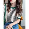 2026 Stripe Tops Women Knitted Round Collar Summer Print Short Sleeve Casual Simple Wild T-Shirt