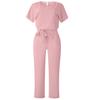 Women's Short Sleeve Jumpsuit Tie Waist Belted Straight Wide Leg Pant Romper Casual Crew Neck One-piece Overall