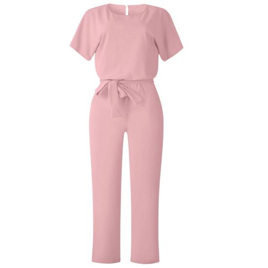 Women's Short Sleeve Jumpsuit Tie Waist Belted Straight Wide Leg Pant Romper Casual Crew Neck One-piece Overall