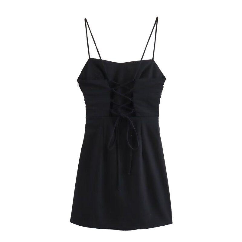 Fashion Style 2024 Summer New Arrival Women's Sling Open Back Linen Blended Mini Ruched Dress 3196729