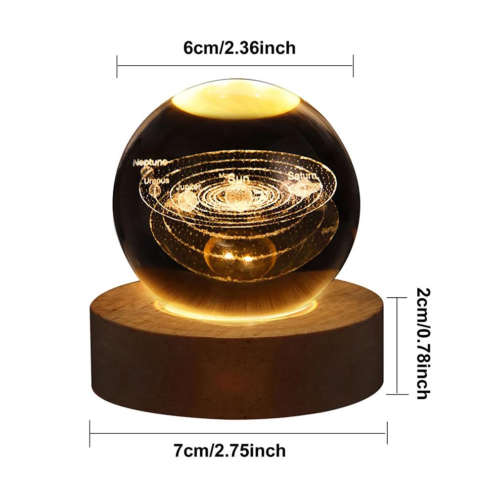 Crystal Ball Night Light Crystal Ball Lamp 3D Engraved Milky Way System Crystal Ball with Wooden Base USB Charging Gift for Kids