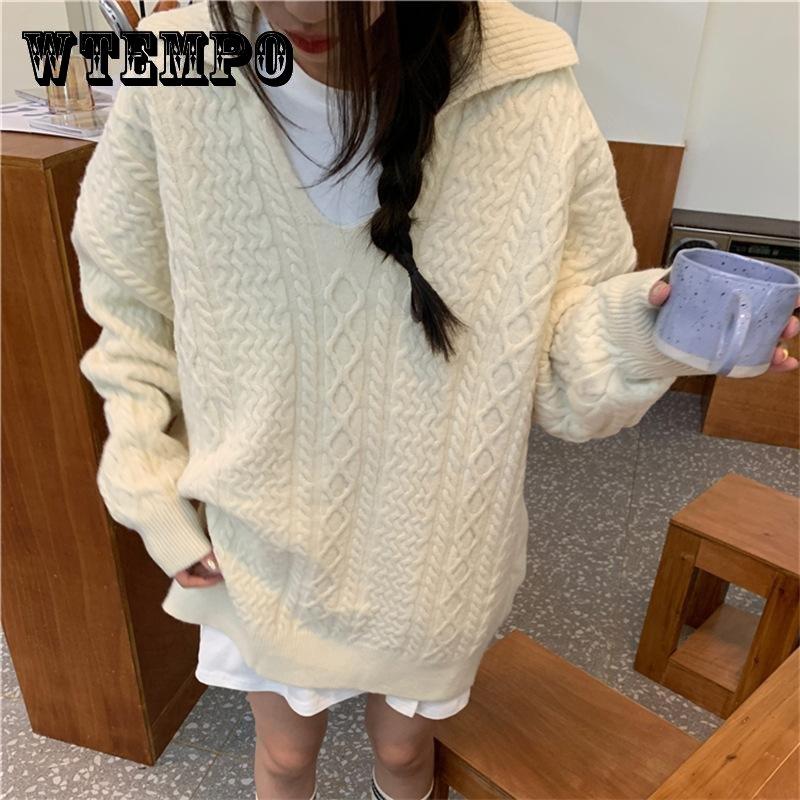 Свитер с V-образным вырезом средней длины с косами женский однотонный свободный женский вязаный свитер большого размера