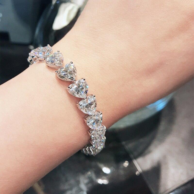 Стерлингового серебра 925 пробы, муассанит, белый кристалл, CZ, драгоценный камень, браслеты в форме сердца любви для женщин, ювелирные изделия, свадебный подарок