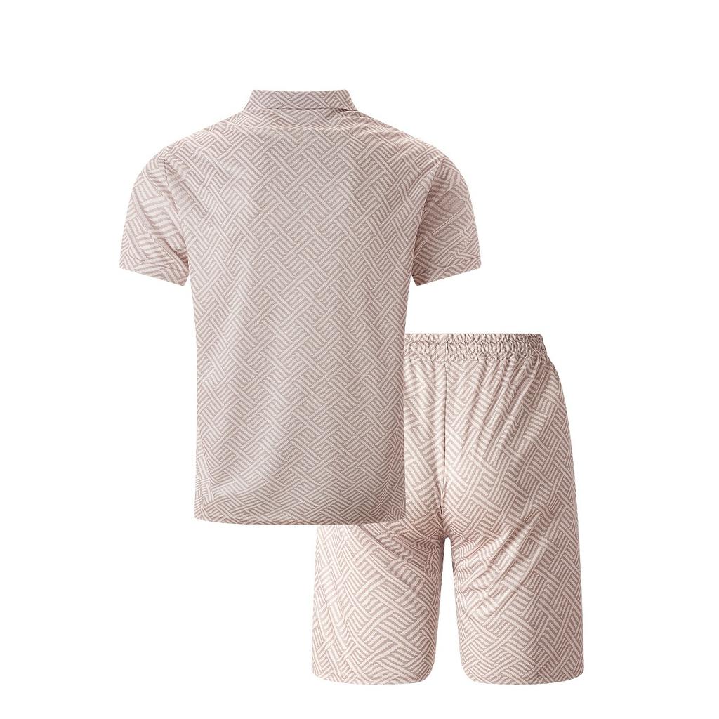 Мужской повседневный костюм с тропическим принтом - черная рубашка с коротким рукавом на молнии и белые шорты с карманами, полиэстер, машинная стирка