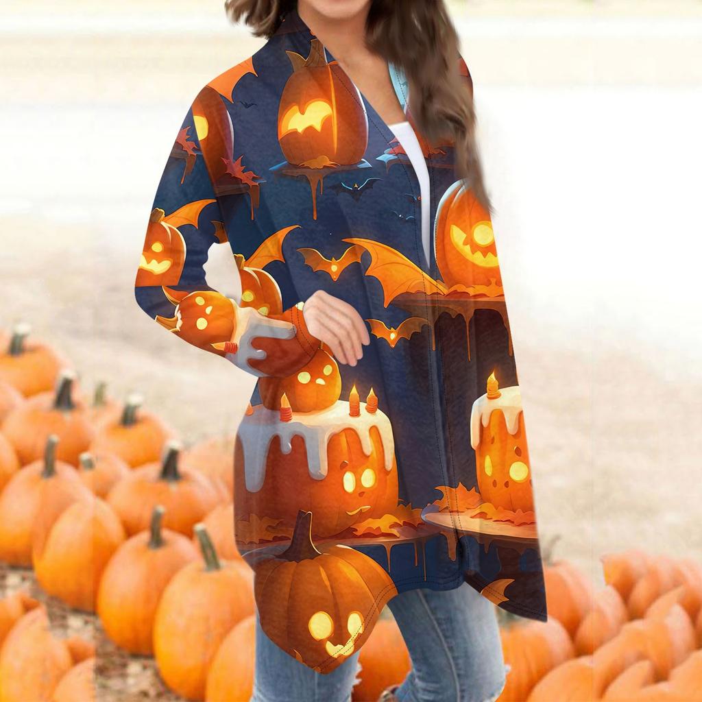 Женская мода, повседневный кардиган с принтом на Хэллоуин, средней длины, куртка, пальто