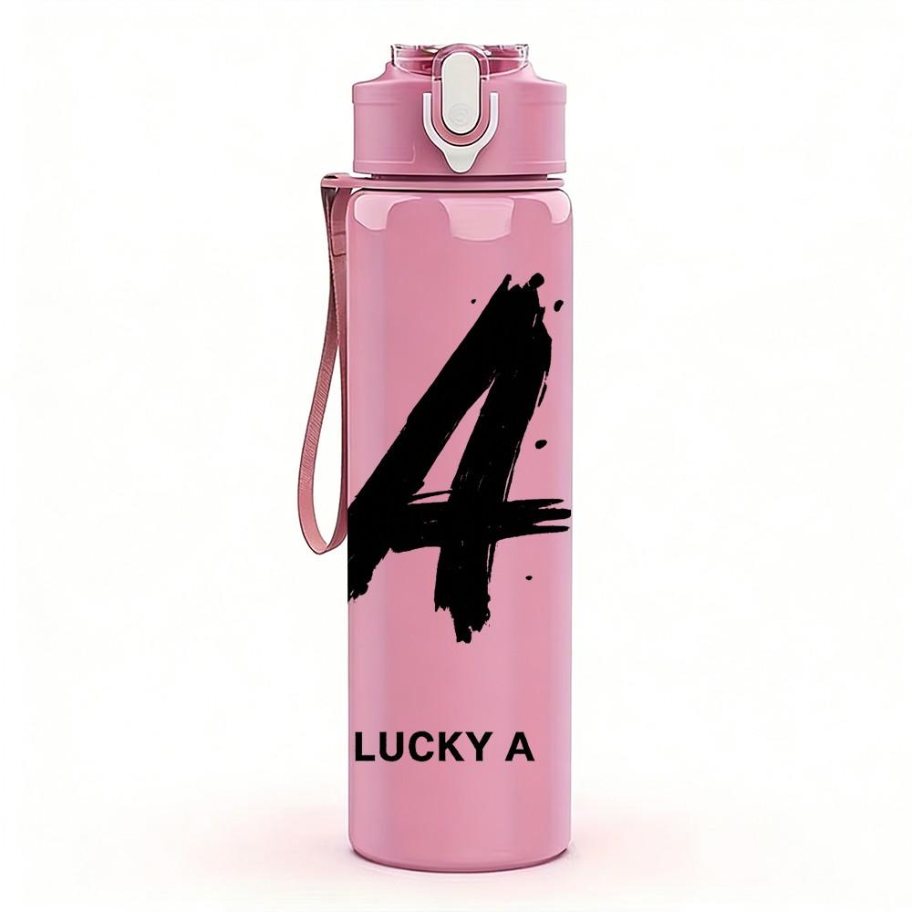 1PC Minimal Lucky Number Four Print 750ml Color Plastic Sports Water Bottle Leakproof Flip Straw Lid Suitable for Sports Office Home Use