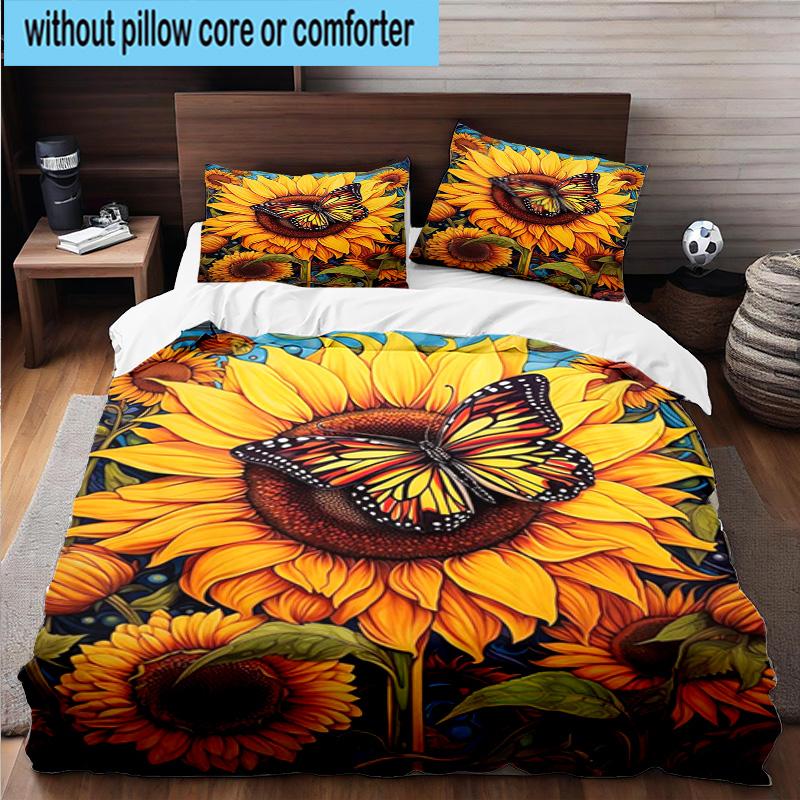 Butterfly And Sunflowers 3pcs Bedding,Including 1pc Duvet Cover And 2pcs Pillowcases Perfect for Christmas,Ideal for Bedroom, Dormitory