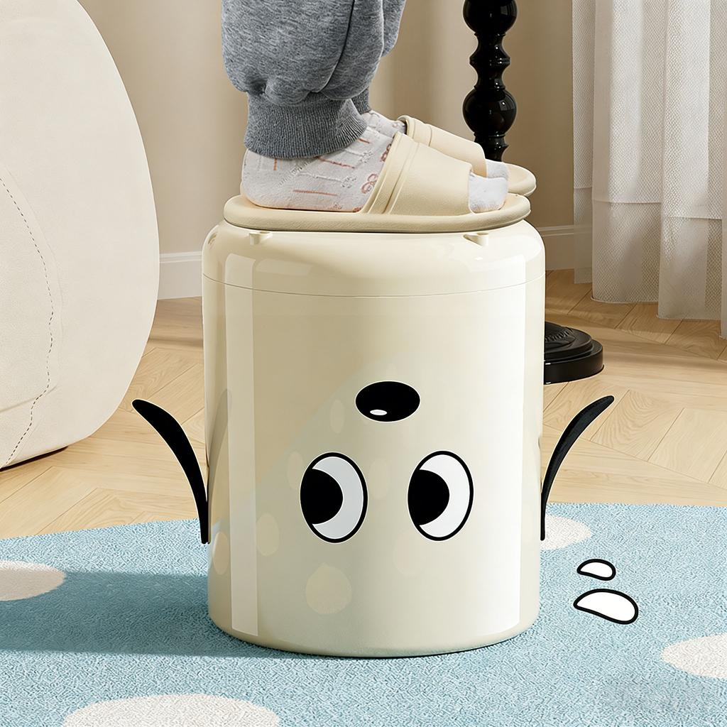 A trash can with wheels. Features a cute cartoon dog design. Practical and serves as a home decor item.