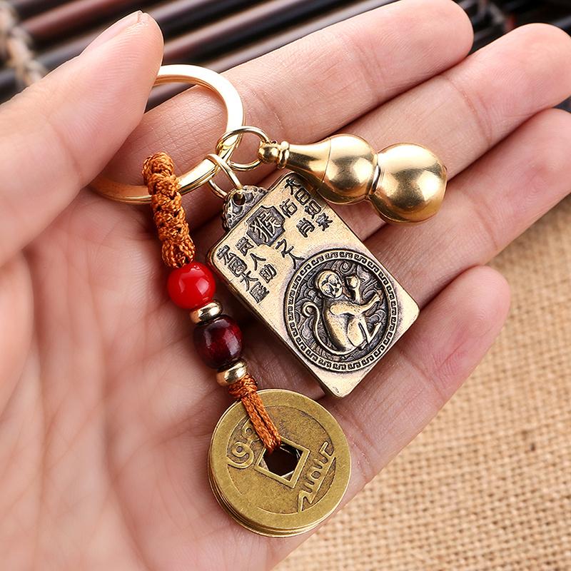 12 Zodiac Buddha Chinese Traditional Brass Key Chain Car Hanging Ornament Dynasty Five Emperors' Coins Cinnabar Gourd Pendant