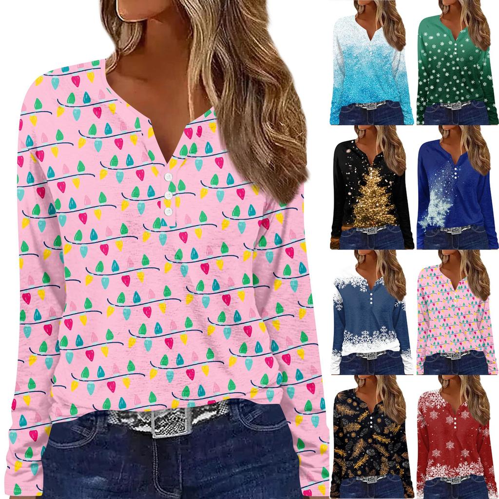 Длинные рукава женские топы с цветочным принтом винтажная мода повседневные свободные с V-образным вырезом рубашки больших размеров Рождество