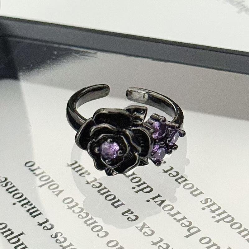 Винтажное кольцо с темной лозой, розово-фиолетовым бриллиантом, открытое кольцо-лепесток, нишевое, с высоким чувством стиля, простое кольцо