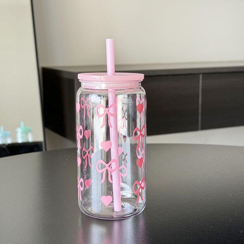 Бутылка для воды Kawaii, эстетический стакан для льда, кофе, сока, чая, симпатичные пластиковые стаканчики с бантом и крышкой-соломинкой, портативная бутылка для питья