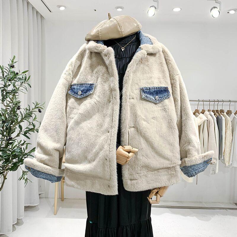 Winter Padded and Thickened Denim Jacket Women's Plus Size Loose Casual Two Sides Wear Jacket