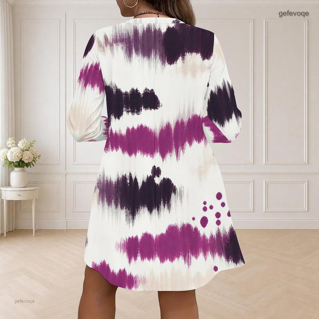 Women Plus Size V Neck Long Sleeve Printed Loose Fit Curved Hem Dress