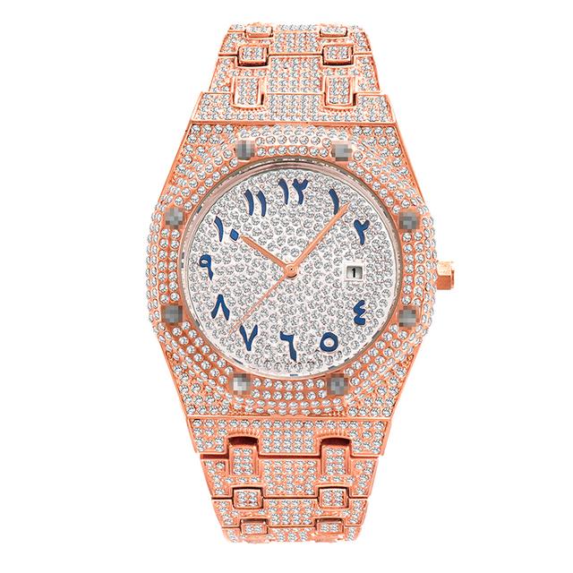 Хип-хоп Уникальные арабские мужские часы Дата Кварцевые наручные часы Золото Серебро Нержавеющая сталь Роскошные часы с бриллиантами для мужчин Ювелирные изделия