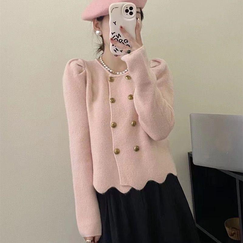 Двубортный узор с волнистым краем для осенне-зимнего трикотажа, темпераментный кардиган, трикотажный жакет для женщин