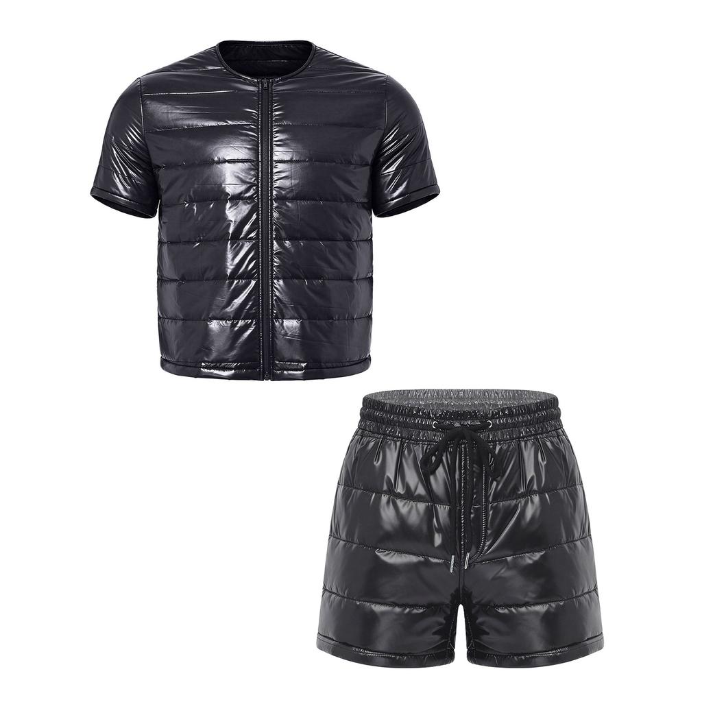 Men Water-resistant Padded Outfit Short Sleeve Zipper Front Jacket with Drawstring Elastic Waistband Shorts for Casual Outings Sports Hiking Cycling