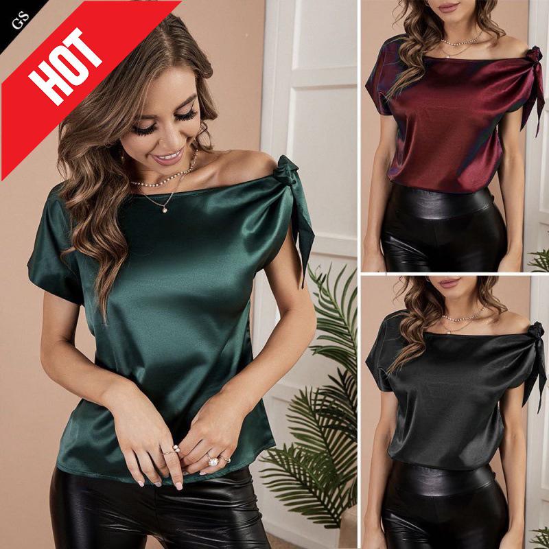 2024 European & American Women's Asymmetric One-Shoulder Lace-Up Satin Top
