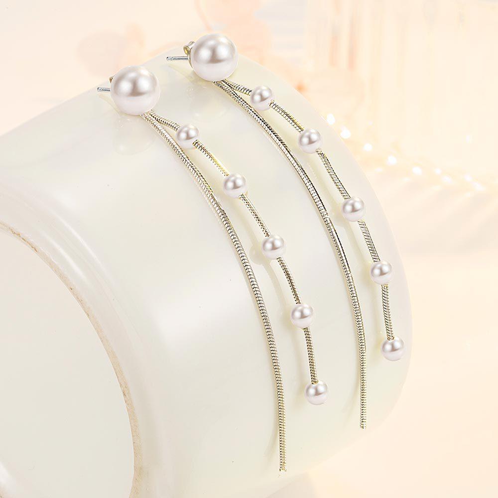 Silver Plated Hanging Earrings Women's Korean-Style Tassel Temperamental Long Pearl Back Earrings Simple Ear Chain Earrings