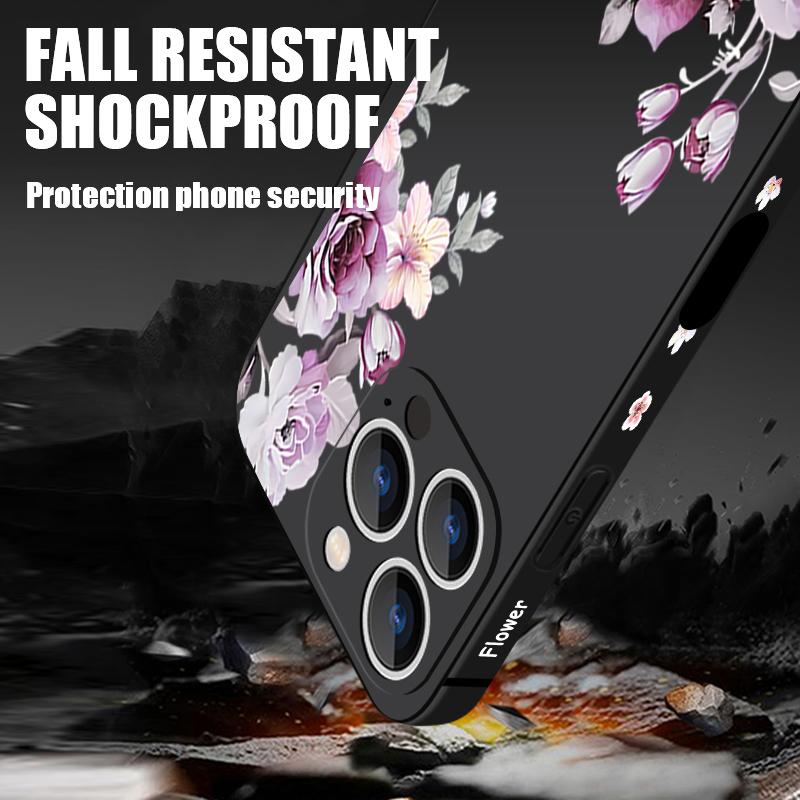 Фиолетовый цветочный узор Ударопрочный чехол для iPhone 16 17 Pro Max 15 Pro 14 13 12 11 Ремешок TPU Защита объектива Матовый мягкий чехол для телефона