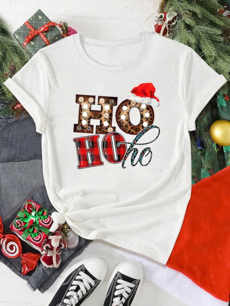 HO HO HO Christmas Hat Pattern Tshirt Loose Breathable Holiday Activities Shortsleeved Tshirt Unisex Women Unisex Casual Tops