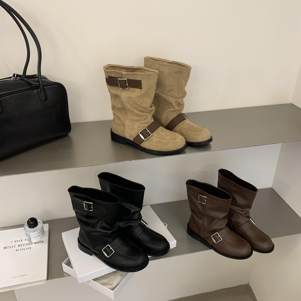 Retro style belt buckle stack boots women's short fashion boots women's casual temperament short boots women