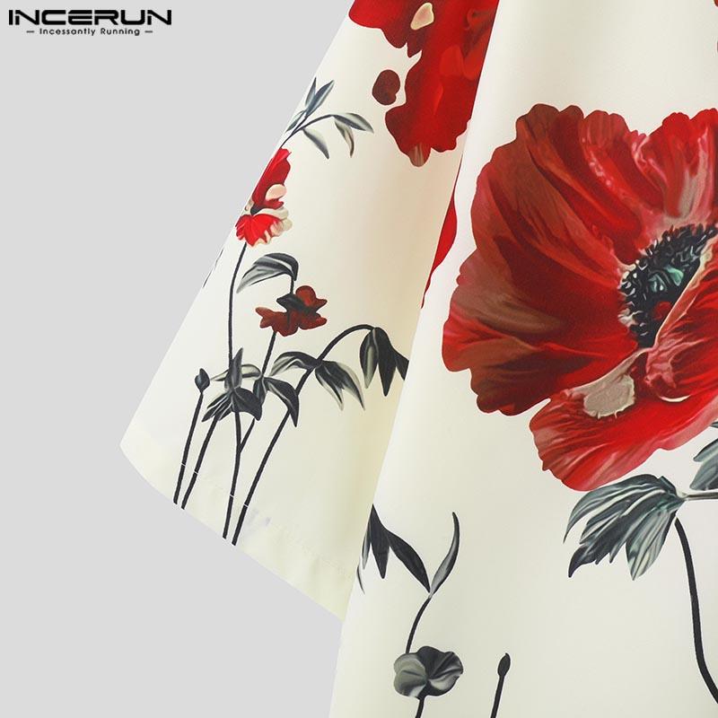 INCERUN Мужская летняя рубашка с коротким рукавом и отложным воротником с цветочным принтом