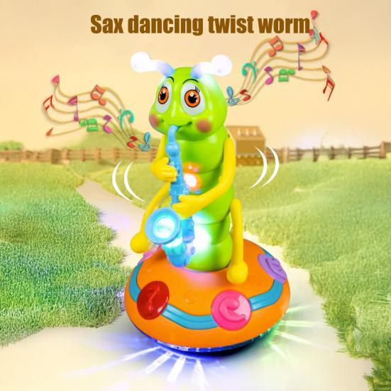 Electric Dancing Caterpillar Toy with LED Light Music Toddlers Swinging Saxophone Caterpillar Toy Boys Girls Tummy Time Interactive Crawling Toy