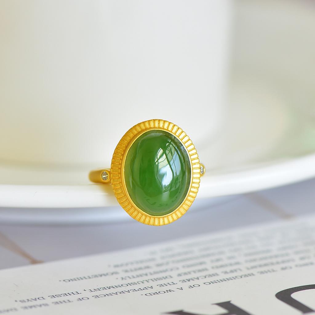 Xinjiang Hotan Jade Jasper S925 Silver Inlaid Big Egg Ring Open Mouth Ring Children's Fashion with Certificate