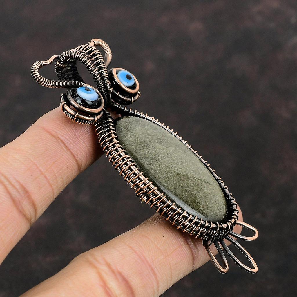 Серебряный Блеск Обсидиана Кулон Черный Цвет Кулон Сглаза Медная Проволока Обернутый Кулон Ювелирные Изделия Из Драгоценных Камней Кулон Сова Медные Ювелирные Изделия Ручной Работы