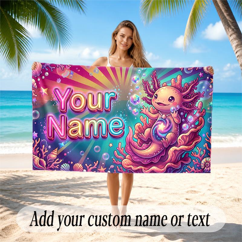 Axolotl Theme Quick Dry Beach Towel Custom Name Text Print Large Sand Resistant Towel Beach Vacation