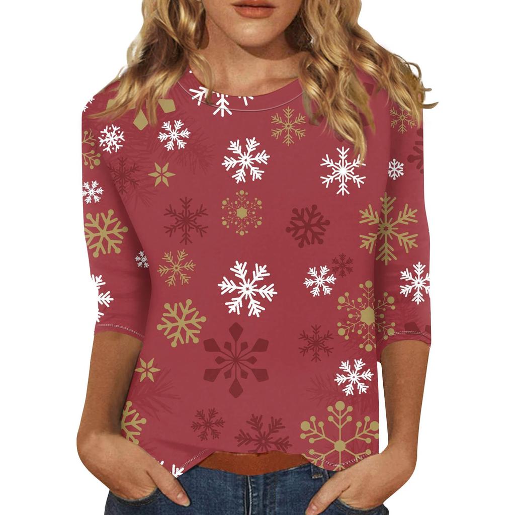 Women's Fashion Casual Seven Sleeve Christmas Printed Round Neck Top
