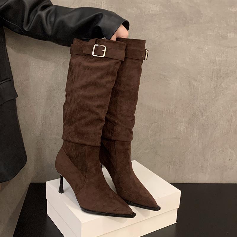 Острый носок на высоком каблуке женские эластичные сапоги до колена модные элегантные туфли для танцев осенние женские современные длинные сапоги