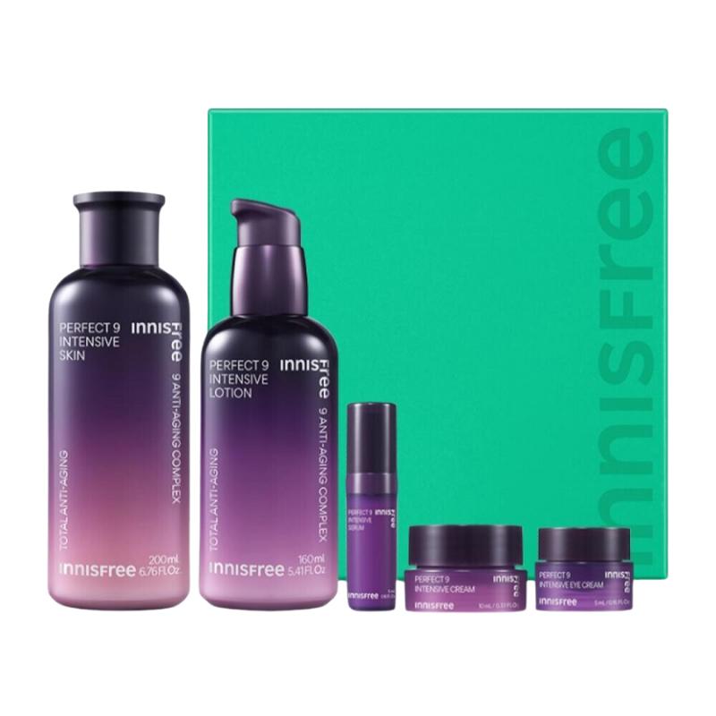 Innisfree Подарочный набор Perfect 9 Intensive, кожа 200 мл, лосьон 160 мл, сыворотка 50 мл, крем для век 30 мл, крем 60 мл