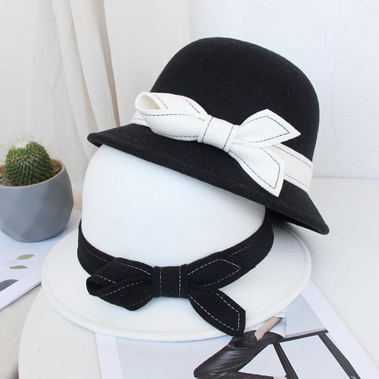 Autumn and winter women's wool woolen bow basin hat fashion bow top hat British versatile dome basin hat
