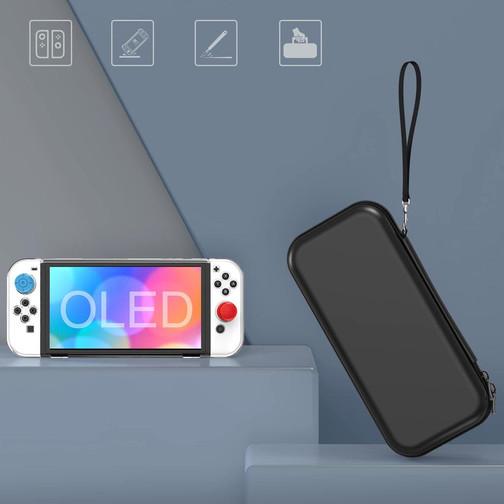 Чехол HEYSTOP Switch OLED с набором чехлов Switch OLED 4in1 Чехол Switch OLED для ПК Стеклянная пленка Колпачок для большого пальца Сумка для хранения нейлоновая полная большая противоударная