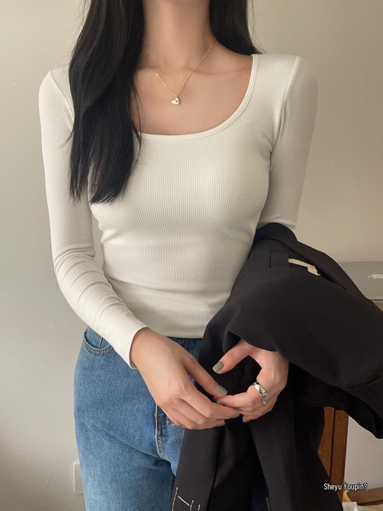 Футболка в корейском стиле облегающего кроя с квадратным вырезом из матового вельвета с нагрудными вкладышами для осени и зимы