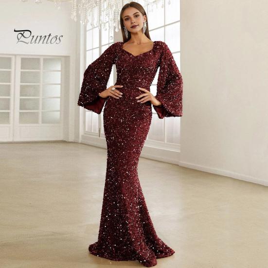 Женское вечернее платье с рукавами-колокольчиками, пайетками, А-силуэта, облегающего кроя, глубоким вырезом, V-образным вырезом, макси-платье со средней талией и застежкой-молнией сзади, выпускное платье