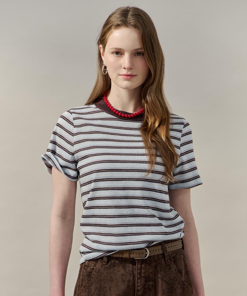MAXZA Multi-Stripe Neckline Color Block Short Sleeve T-Shirt