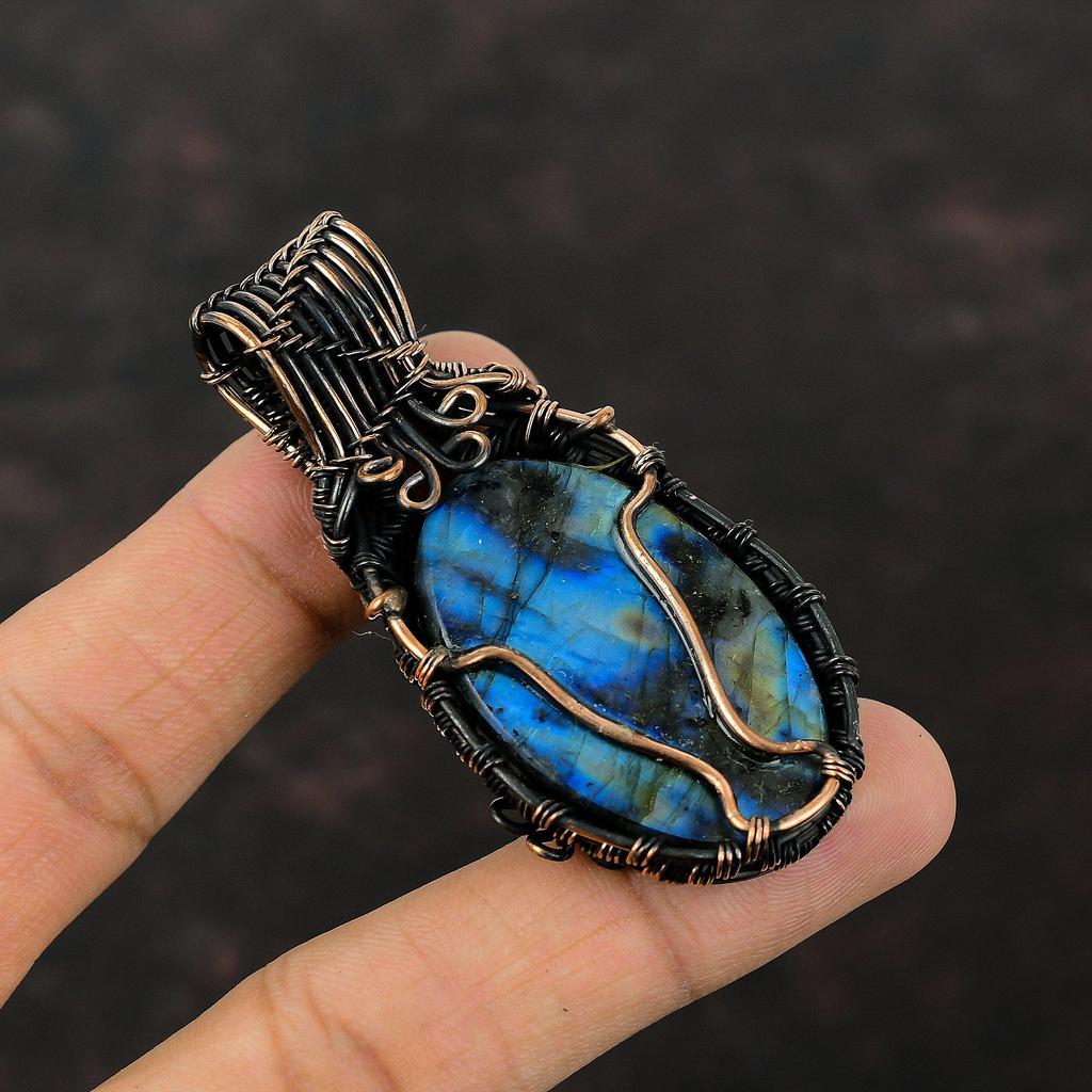 Подвеска из лабрадорита, обернутая медной проволокой, кулон ручной работы, приличные ювелирные изделия, кулон с драгоценным камнем, медная проволока, ювелирный подарок для него, кулон с камнем по рождению